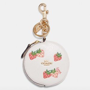 Coach Circular Coin Pouch with Strawberry Print - Gold/Chalk Multi - NWT